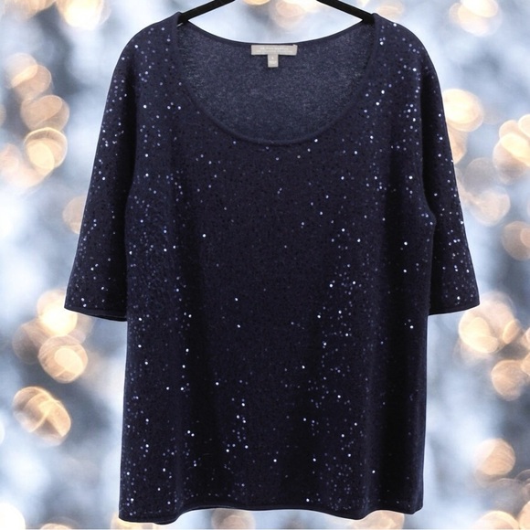 Neiman Marcus Navy Sequin 100% Cashmere Blouse Elegant Mother of the Bride L - Picture 1 of 8